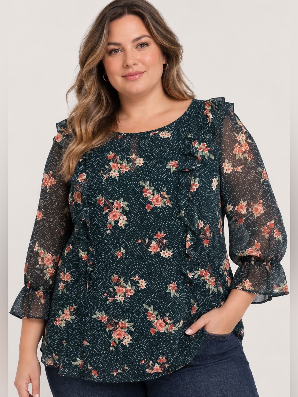 torrid Black Floral Dot Ruffle Blouse